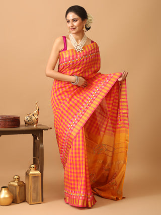 Fuchsia And Mustard Yellow Silk Cotton Sari With Gujarati Hand Embroidery