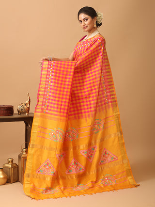 Fuchsia And Mustard Yellow Silk Cotton Sari With Gujarati Hand Embroidery