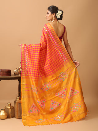Fuchsia And Mustard Yellow Silk Cotton Sari With Gujarati Hand Embroidery