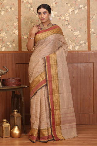 Beige Chettinad Striped Cotton Saree