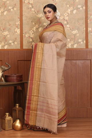 Beige Chettinad Striped Cotton Saree