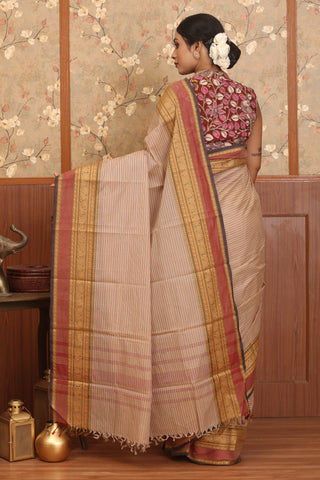 Beige Chettinad Striped Cotton Saree