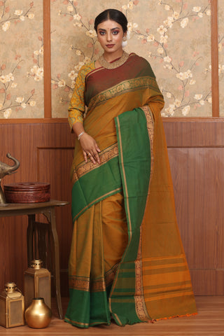 Orange And Bottle Green Dual Tone Chettinad Cotton Saree