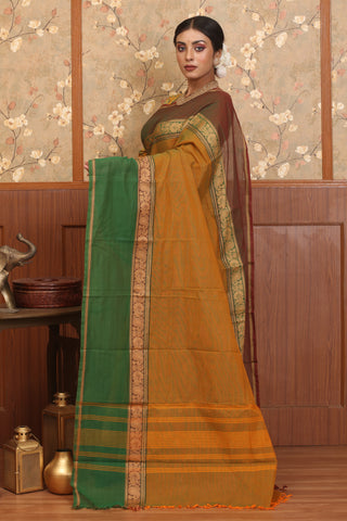 Orange And Bottle Green Dual Tone Chettinad Cotton Saree