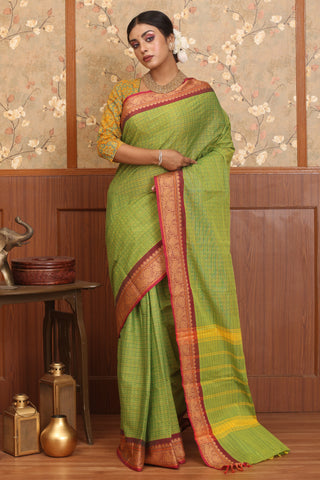 Leaf Green And Yellow Dual Tone Chettinad Cotton Saree