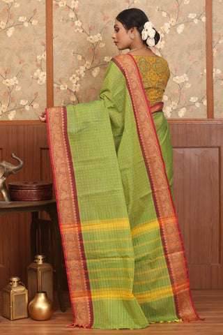 Leaf Green And Yellow Dual Tone Chettinad Cotton Saree