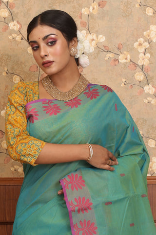 Teal Blue Chettinad Pure Cotton Saree