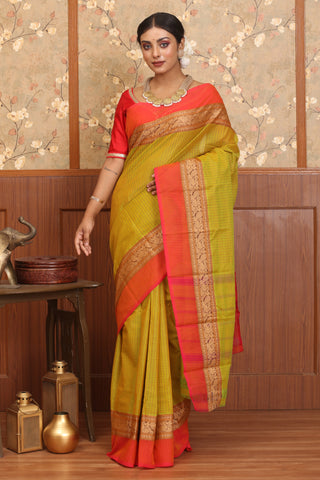 Lime Green Colour Striped Chettinad Cotton Saree
