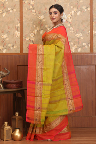 Lime Green Colour Striped Chettinad Cotton Saree