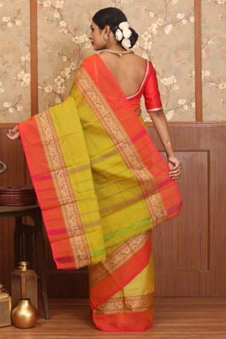 Lime Green Colour Striped Chettinad Cotton Saree