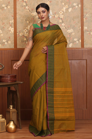 Green-Orange Dual Tone Chettinad Cotton Saree