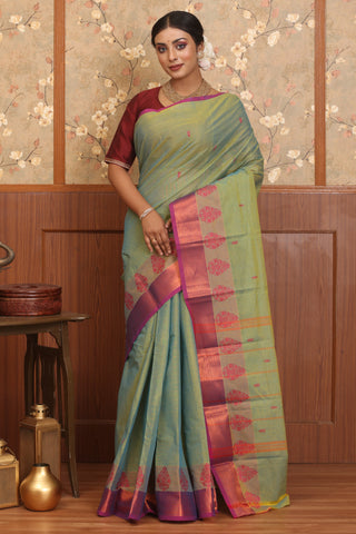 Blue And Yellow Dual Tone Chettinad Pure Cotton Saree
