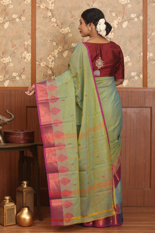 Blue And Yellow Dual Tone Chettinad Pure Cotton Saree