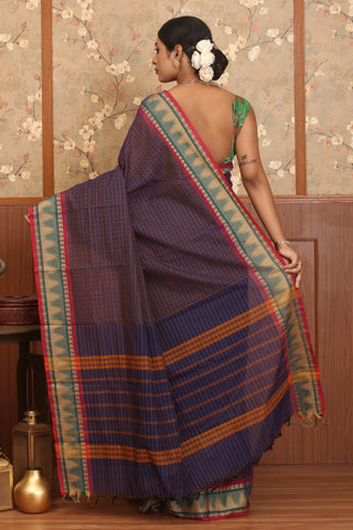 Dark Midnight Blue Chettinad Pure Cotton Saree
