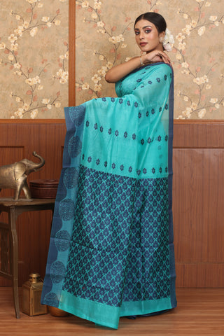 Sky Blue And Navy Blue Chettinad Pure Cotton Saree