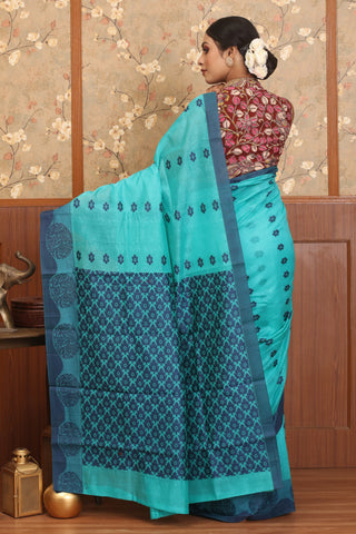 Sky Blue And Navy Blue Chettinad Pure Cotton Saree