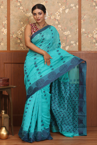 Sky Blue And Navy Blue Chettinad Pure Cotton Saree