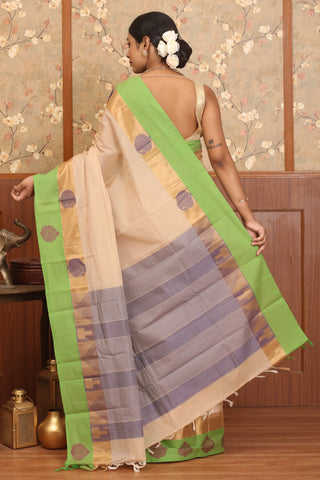 Beige Chettinad Pure Cotton Saree With Pistachio Green & Gold Border