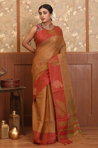 Brown And Tomato-Red Chettinad Pure Cotton Saree
