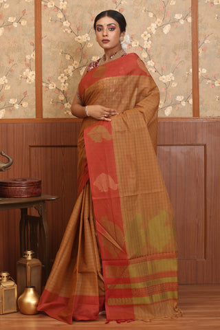 Brown And Tomato-Red Chettinad Pure Cotton Saree