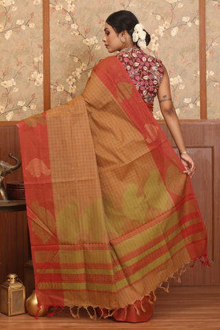 Brown And Tomato-Red Chettinad Pure Cotton Saree
