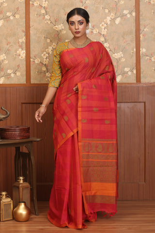 Carmine Red Chettinad Pure Cotton Saree