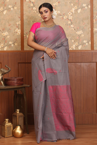 Bluish Grey Chettinad Pure Cotton Saree