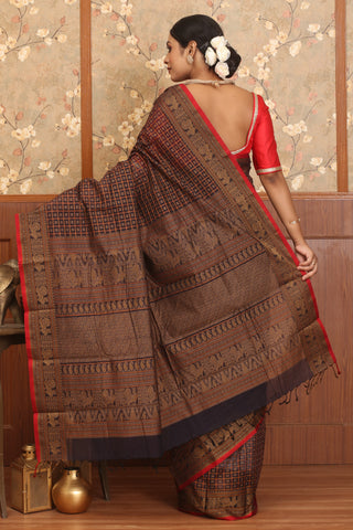 Dark Midnight Blue Chettinad Pure Cotton Handloom Saree