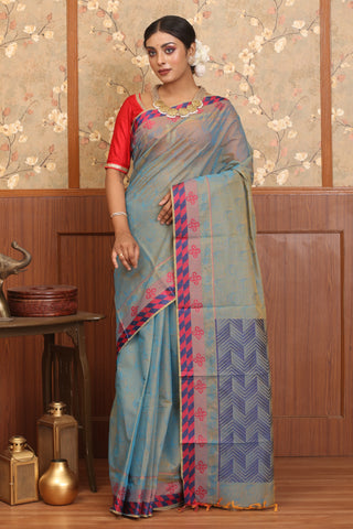 Blue-Yellow dual tone Chettinad Pure Cotton Saree