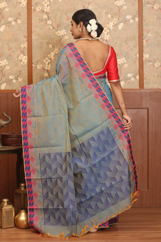 Blue-Yellow dual tone Chettinad Pure Cotton Saree