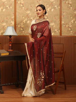 Maroon And Cream Half and Half Handwoven Matka Silk and Silk Cotton Saree with Zardozi Work