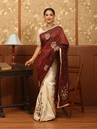 Maroon And Cream Half and Half Handwoven Matka Silk and Silk Cotton Saree with Zardozi Work