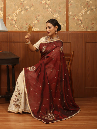 Maroon And Cream Half and Half Handwoven Matka Silk and Silk Cotton Saree with Zardozi Work