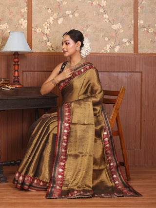Antique Gold Tissue Silk Saree with Red Hand Aari And Black Brocade Border