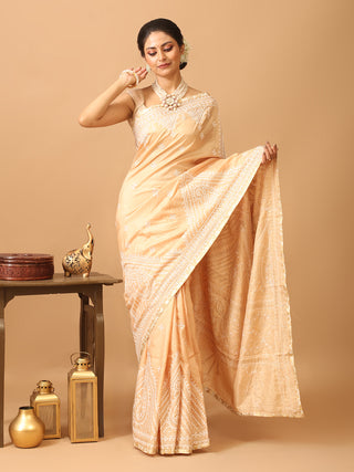 Golden Beige Bangalore Silk Saree with Exquisite Gujarati Embroidery and Hand Aari Highlights