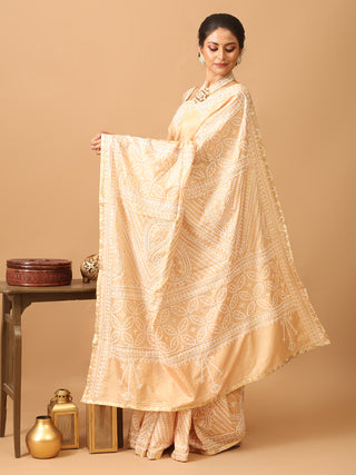 Golden Beige Bangalore Silk Saree with Exquisite Gujarati Embroidery and Hand Aari Highlights