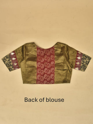 Antique Gold Tissue Silk Saree with Red Hand Aari And Black Brocade Border
