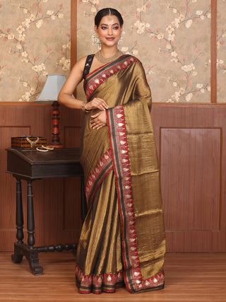Antique Gold Tissue Silk Saree with Red Hand Aari And Black Brocade Border