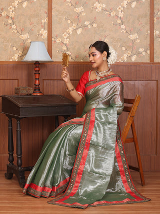 Pastel Green Tissue Silk Saree with Green Hand Aari Border And Red Brocade Finishing