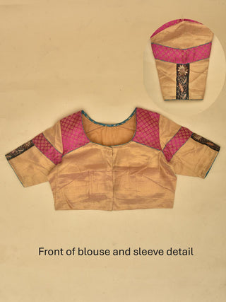 Light Gold Tissue Silk Saree with Black Hand Aari and Pink Brocade Border