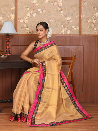 Light Gold Tissue Silk Saree with Black Hand Aari and Pink Brocade Border