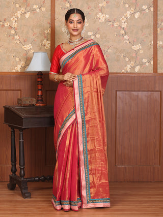 Sunset Pink Tissue Silk Saree Fitted With Hand Aari Border