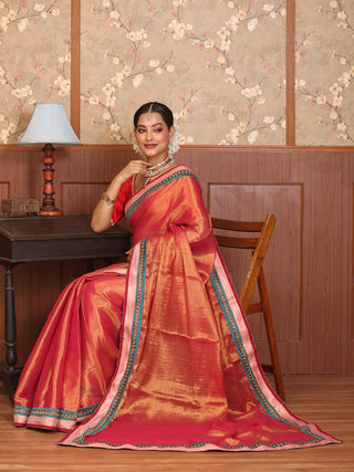 Sunset Pink Tissue Silk Saree Fitted With Hand Aari Border