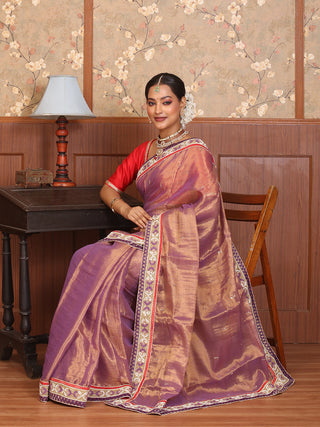 Purple Tissue Silk Saree with Hand Aari Work and Brocade Patti