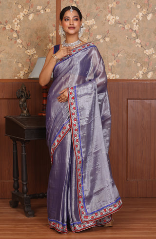 Royal Blue Tissue Silk Saree with Hand Aari Work and Red and Silver Detailing