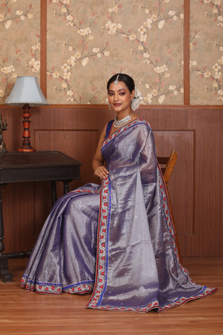Royal Blue Tissue Silk Saree with Hand Aari Work and Red and Silver Detailing