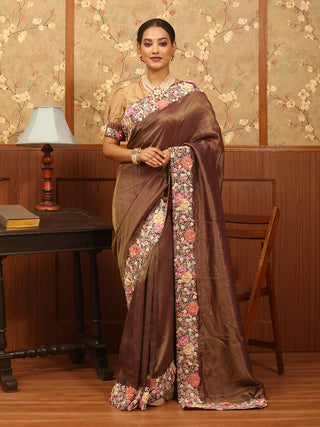 Wine And Gold Pure Tissue Silk Saree With Hand Aari And Zardozi Border Paired With Designer Blouse