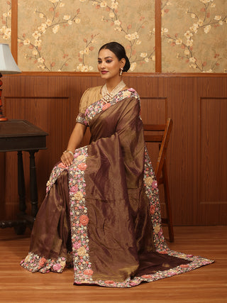 Wine And Gold Pure Tissue Silk Saree With Hand Aari And Zardozi Border Paired With Designer Blouse