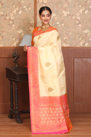 Sandal Bangalore Silk Saree with Banarasi Border and Hand Aari Work