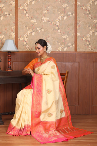 Sandal Bangalore Silk Saree with Banarasi Border and Hand Aari Work